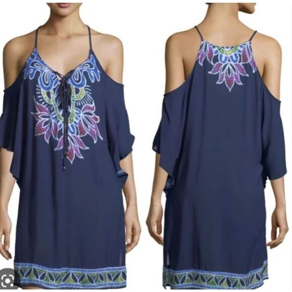 Trina Turk Blue Lotus Batik Swim Cold Shoulder Tank Cover Up Tunic Dress‎ Size M - Picture 1 of 9